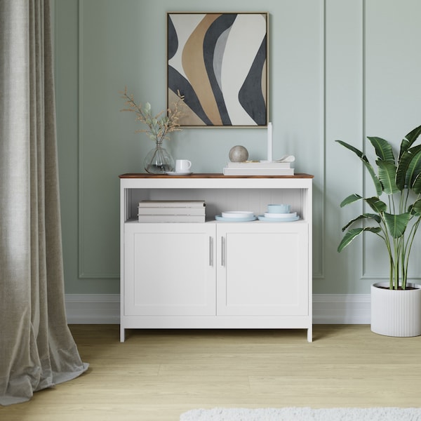 Flash Furniture Mayfield 40in. Buffet and Sideboard w/Dbl Door Storage Cabinet and Open Storage Shelf, Wht w/Walnut NAN-F-HY-B23108-WHWAL-GG - main